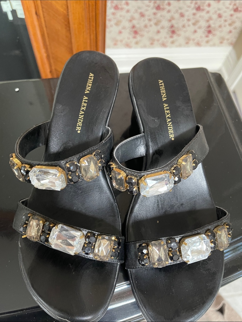 Athena Alexander Black Jeweled Slide Sandals
